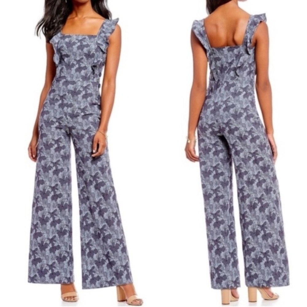 Chelsea & Violet Blue Boho Floral Retro Jumpsuit with Ruffle Strap